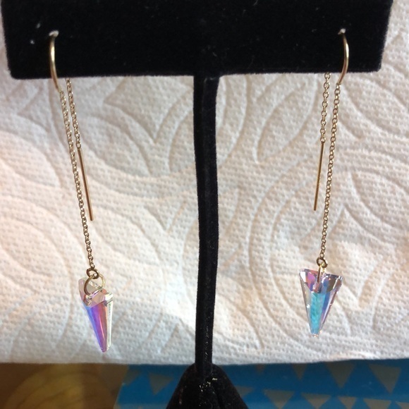 544. Handmade Spike Gold Filled Swarovski AB Crystal Threader Earrings - Picture 3 of 5